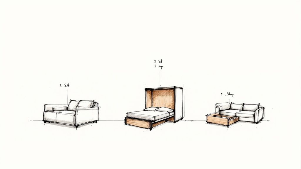 Conceptual sketches of three space-saving furniture ideas: a sofa, a wall bed, and a pull-out sofa bed.