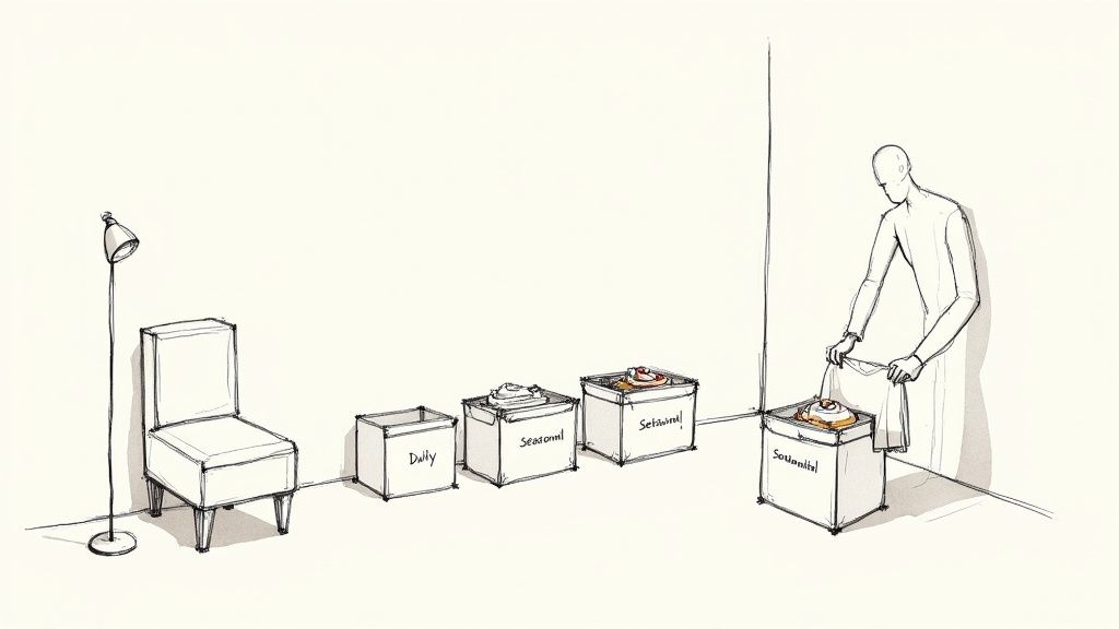Mannequin-like figure putting a dessert into a 'Souvenir' box, next to other dessert boxes.
