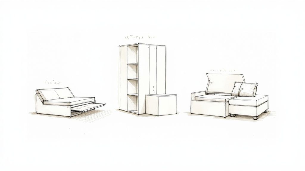 Sketches of three multi-functional furniture pieces: a sofa bed, a shelving unit, and a storage sofa.