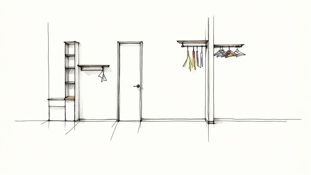 A minimalist sketch showcasing interior storage solutions with shelves, hanging rods, and a door.