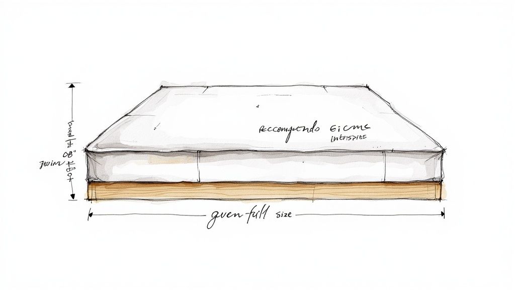 Hand-drawn sketch illustrating bed dimensions for twin and full sizes, including height and annotations.