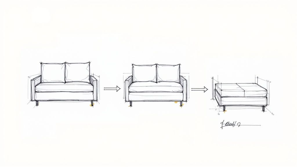 A series of design sketches illustrating a two-seater sofa transforming into a tri-fold futon.