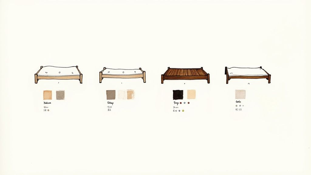 Four hand-drawn sketches of different futon or low-profile bed designs with color swatches.