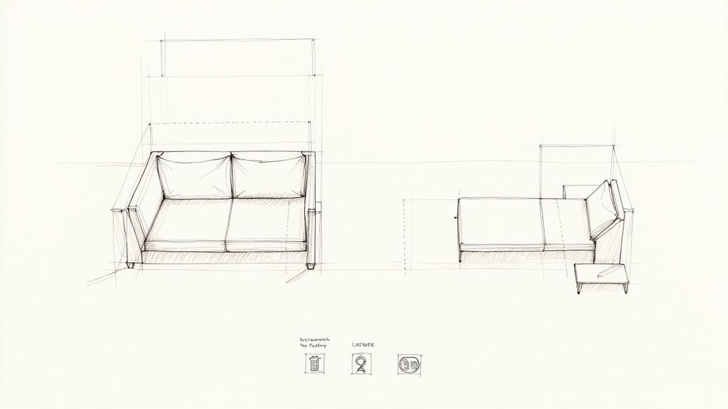 Two detailed architectural sketches showcasing different views of modern futons with measurement lines and design notes.