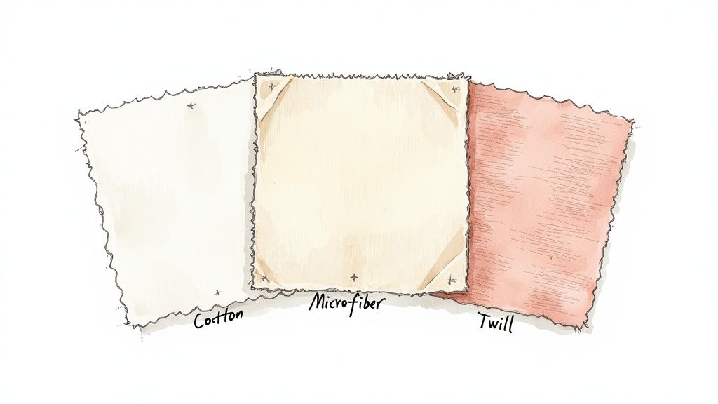 Three fabric swatches, cotton, microfiber, and twill, illustrating different textile materials.