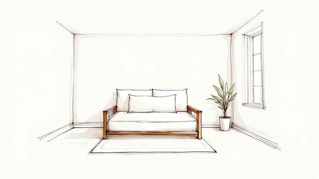 A minimalist room sketch featuring a wooden futon bed with white cushions, a potted plant, and a window.