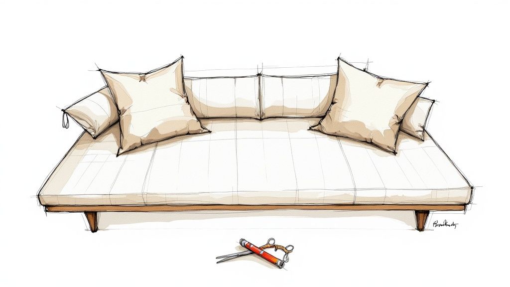 Hand-drawn sketch illustrating a futon or mattress with detailed dimensions for length, width, and height.