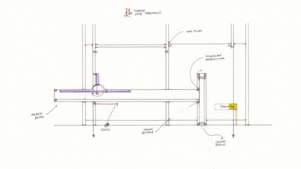Detailed technical drawing illustrating the internal mechanism and components of a wall bed system with labels.