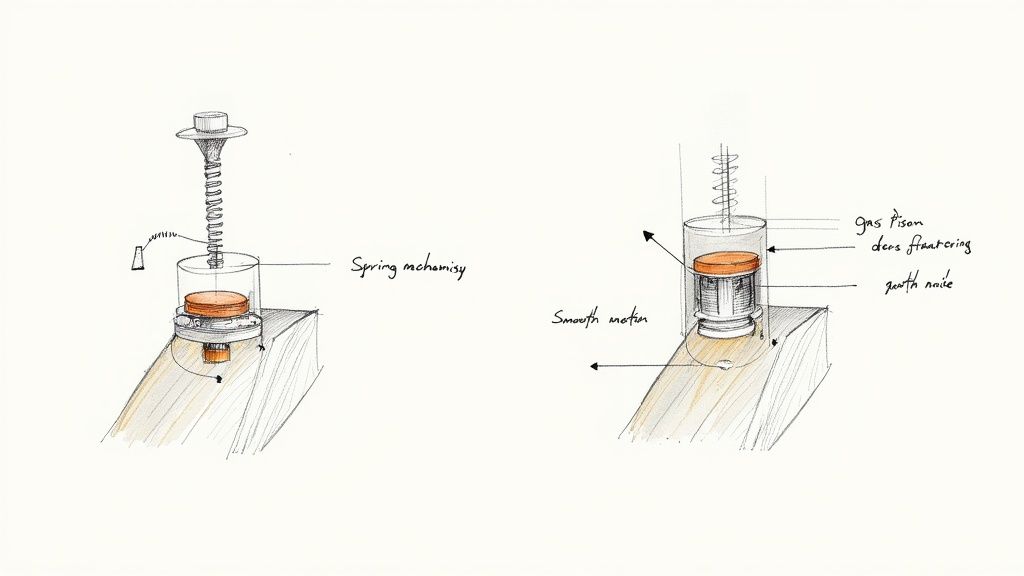 Two diagrams comparing spring and gas piston mechanisms for furniture, highlighting smooth motion and gentle noise.