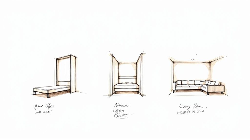 Three architectural sketches illustrating different room concepts: a convertible wall bed, a narrow guest room, and a living room.