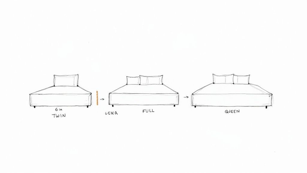 Diagram illustrating the increasing widths of Twin, Full, and Queen bed sizes, showing a 6-inch increment.