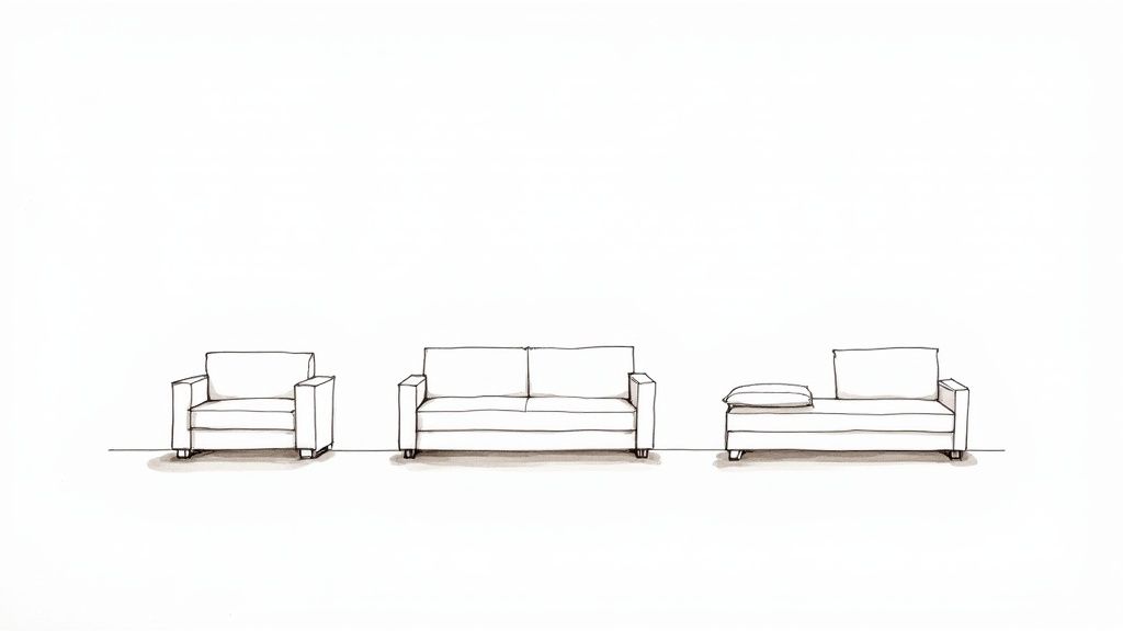 Line drawing of an armchair, a two-seater sofa, and a chaise lounge, all in white.