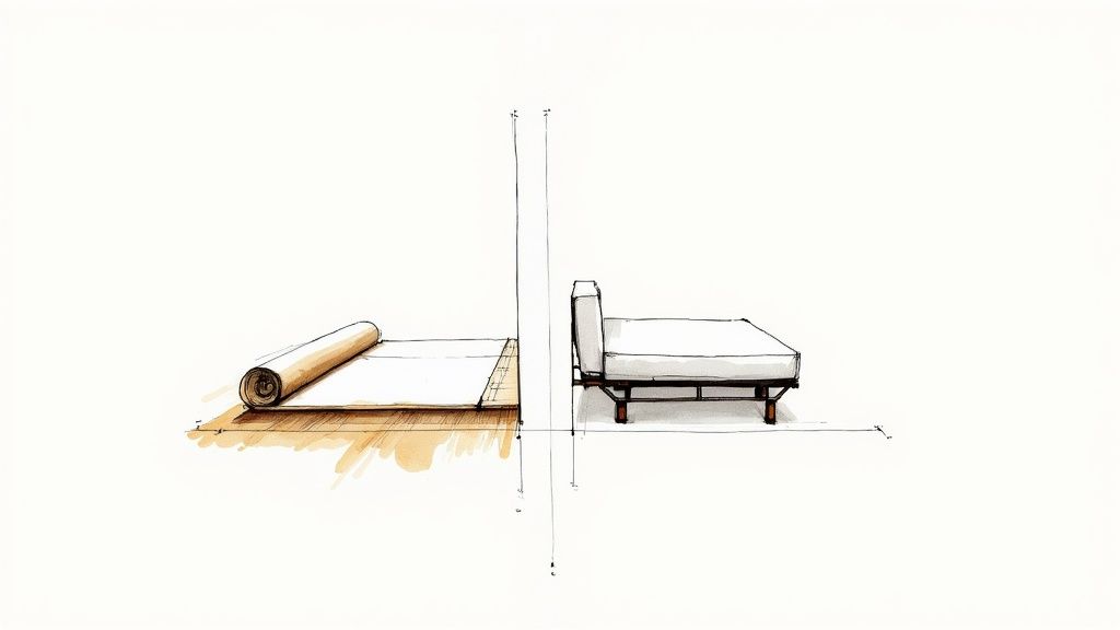 Architectural sketch comparing a traditional roll-up futon mattress with a modern daybed.