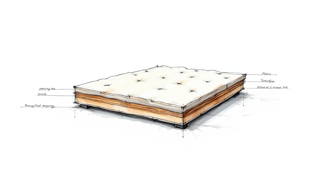 Detailed cross-section diagram of a futon mattress showing its multi-layered construction and labeled components.