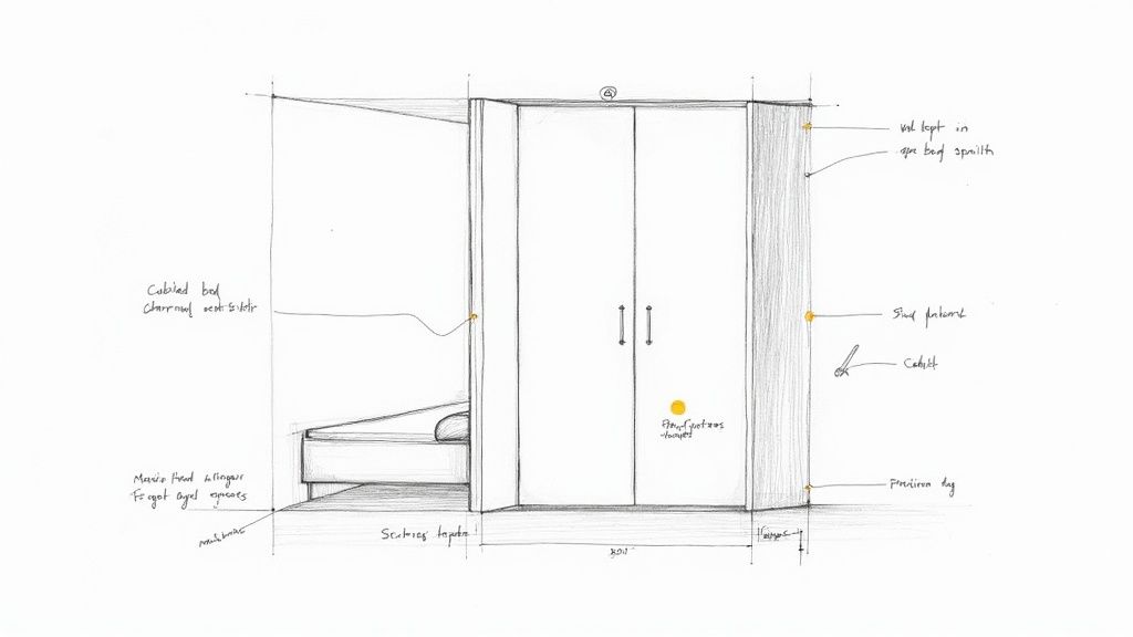 Technical architectural sketch showing murphy bed construction details with cabinet, hardware, and storage components labeled