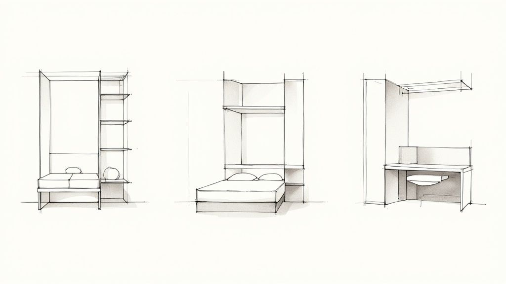 Three architectural sketches showing different murphy bed configurations with storage and desk options