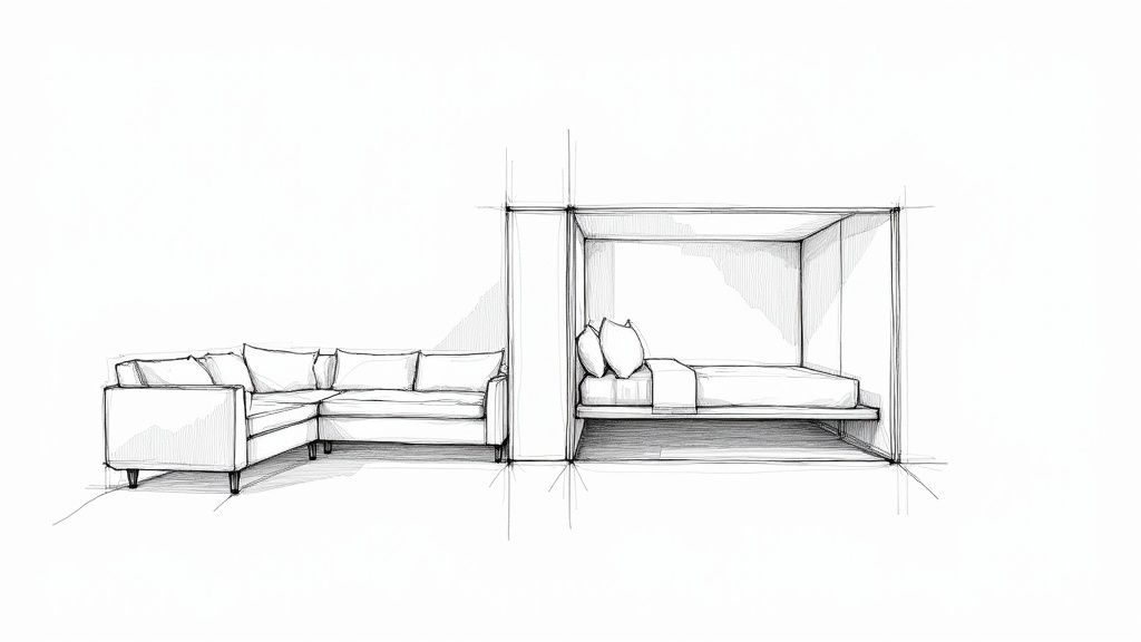 Modern furniture sketch showing sectional sofa and canopy bed frame design concept