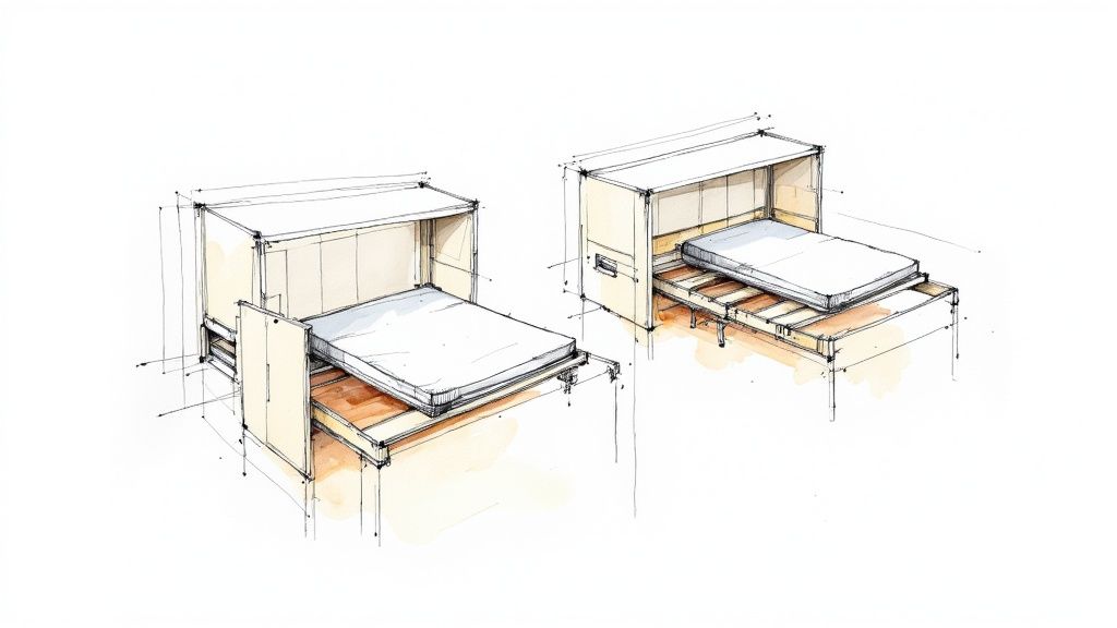 Architectural sketch showing murphy bed mechanism with pullout platform in two positions