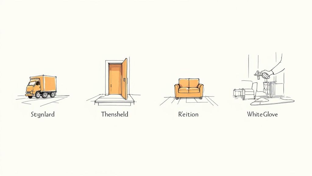 Illustrations depicting four levels of delivery service: standard, threshold, in-room, and white glove assembly.
