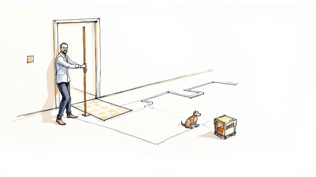 A man holds a long pole in a doorway, while a dog watches a crate on wheels.