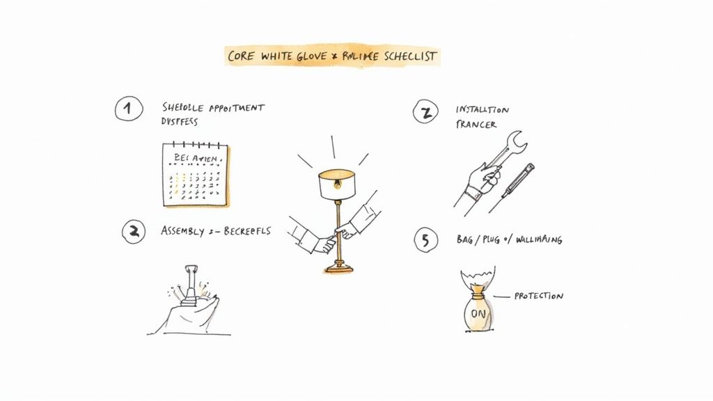 A checklist outlining steps for a white glove delivery service including scheduling, assembly, installation, and protection.