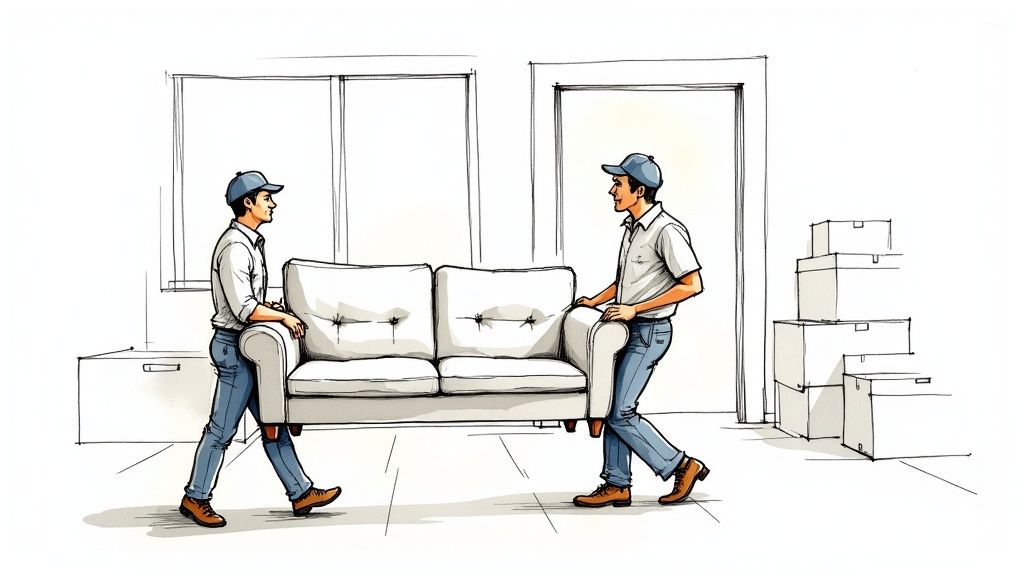 Two professional movers in uniform carefully carrying a white sofa through a bright room.