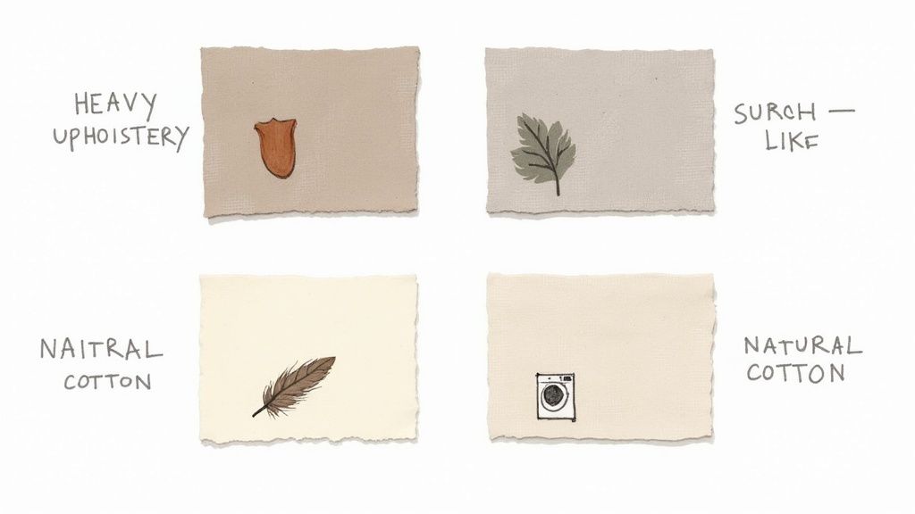 Four fabric swatches illustrating heavy upholstery, linen-like, natural cotton, and washable natural cotton.