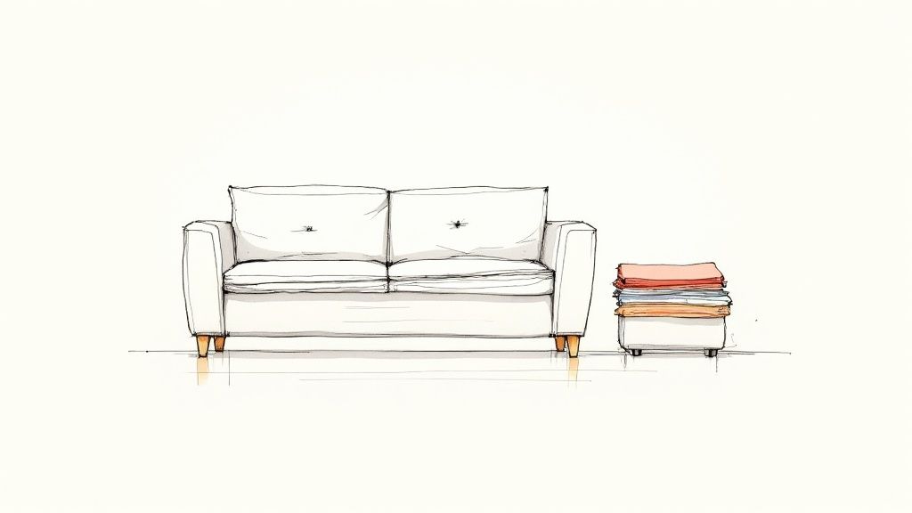 A hand-drawn sketch of a white two-seater sofa next to a small table with folded laundry.