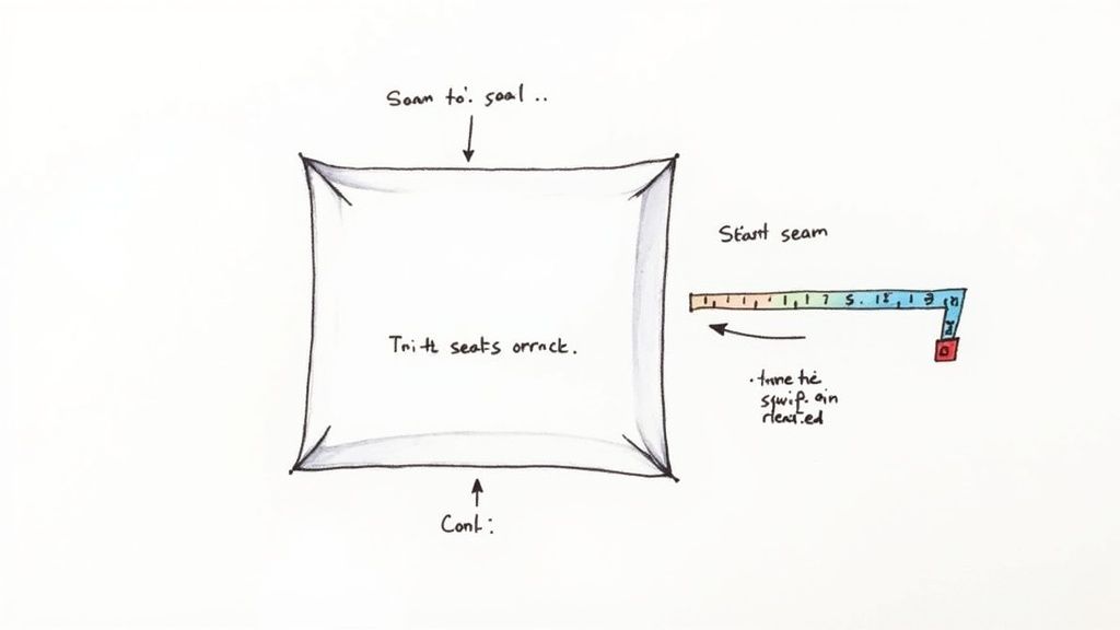 A hand-drawn diagram illustrating the sewing process for a square cushion cover, with text instructions and a measuring tape.
