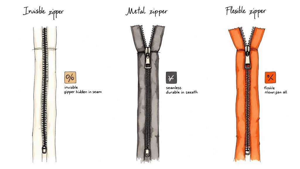 Hand-drawn illustration comparing three types of zippers: invisible, metal, and flexible, with brief descriptions.