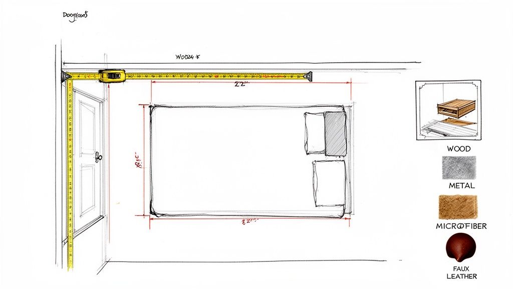 A detailed sketch of a room layout with a door, measuring tape, and sofa, showing dimensions and a material legend.