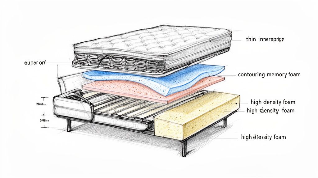 Exploded view of a sofa bed revealing layers: mattress, innersprings, memory foam, and high-density foam.