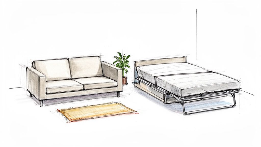 A hand-drawn sketch showing a beige sofa, a green plant, and a pull-out sofa bed in a room.