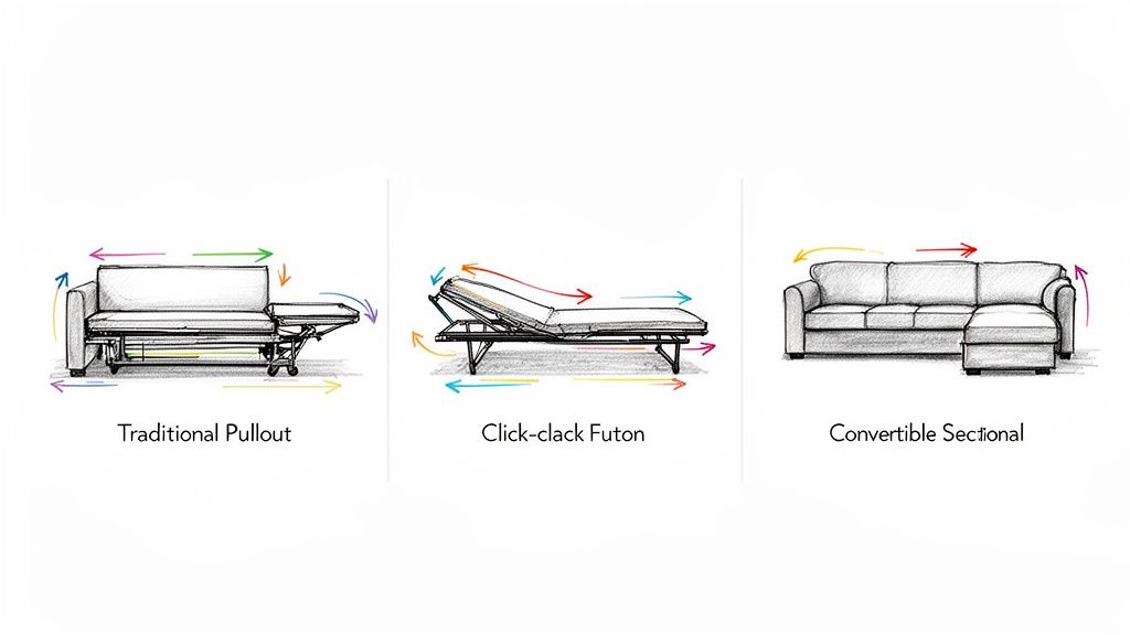 Illustrations of three sofa bed types: Traditional Pullout, Click-clack Futon, and Convertible Sectional, showing conversion mechanisms.