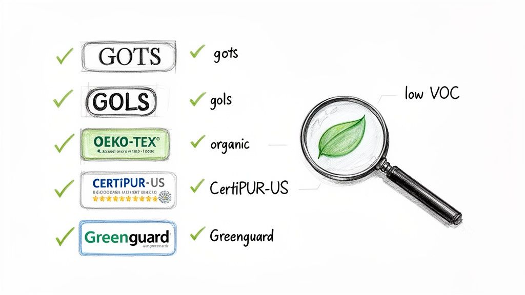 A visual guide to eco-friendly certifications like GOTS, GOLS, OEKO-TEX, CertiPUR-US, and Greenguard, highlighting organic and low VOC products.