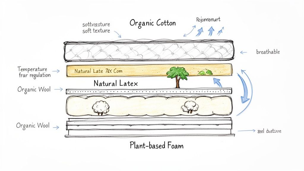 A mattress cross-section highlighting layers: organic cotton for soft texture, natural latex, organic wool, and plant-based foam.