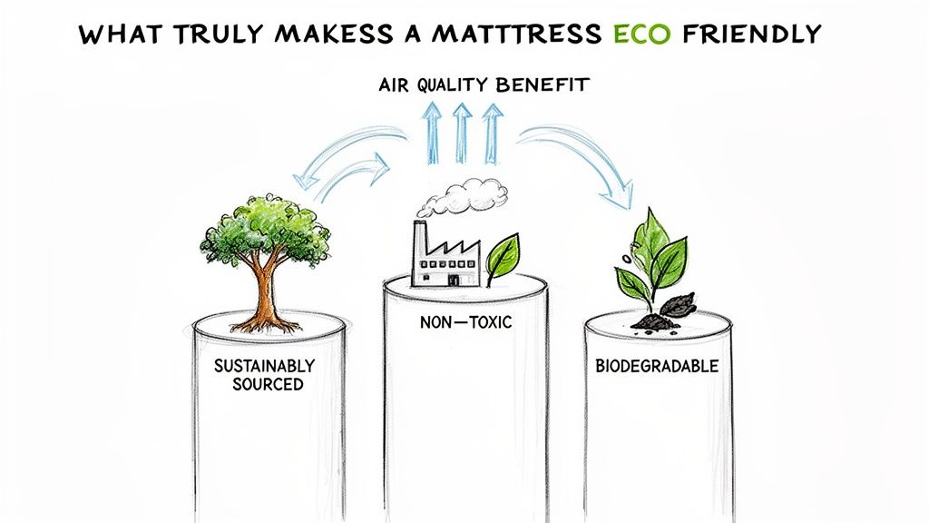 Three pillars of an eco-friendly mattress: sustainably sourced, non-toxic, biodegradable, enhancing air quality.