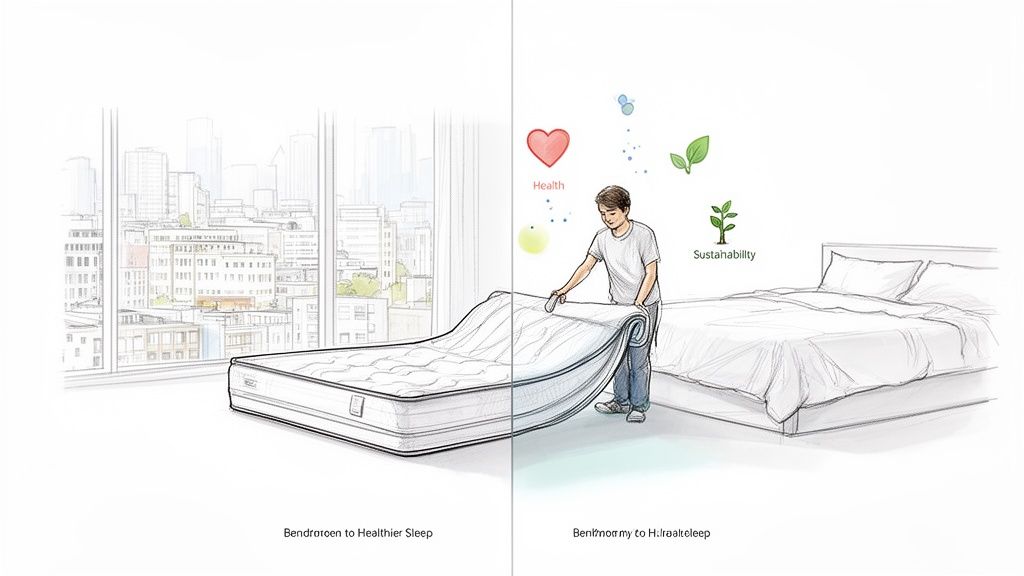 Illustration of a person making a bed, surrounded by health and sustainability icons, promoting better sleep.