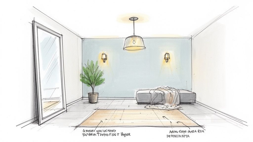 A modern bedroom sketch featuring a blue accent wall, full-length mirror, potted plant, bed with a blanket, and various light fixtures.