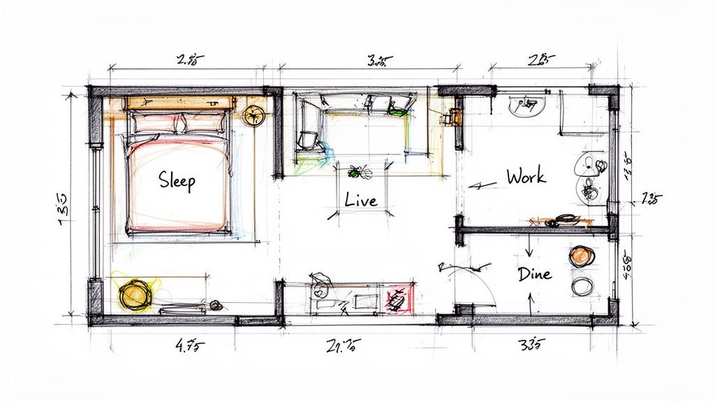 Hand-drawn floor plan of a compact studio apartment, showing distinct sleep, live, work, and dine zones with dimensions.