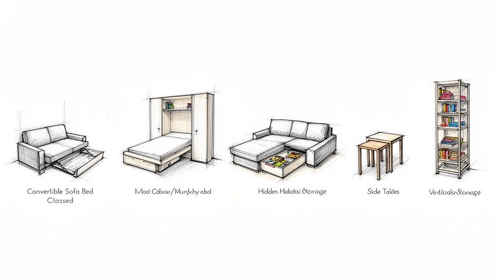 Sketches of space-saving furniture: convertible sofa bed, murphy bed, storage sofa, nesting tables, and vertical shelving.