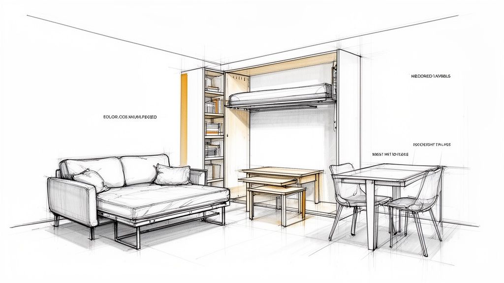 Sketch of a studio apartment interior featuring multi-functional and space-saving furniture solutions.