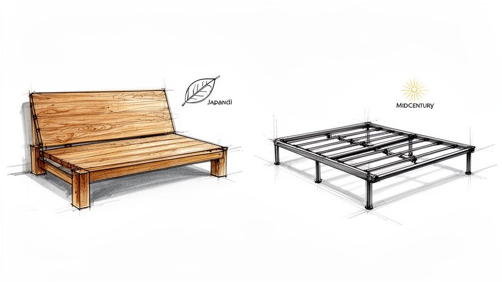 Sketches of two distinct bed frames: a wooden Japandi style futon base and a metal Midcentury modern platform.