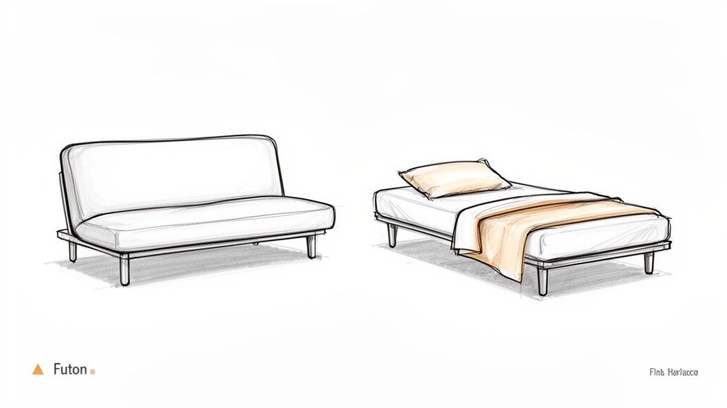 A dual sketch showing a futon in two forms: a white sofa and a single bed with a blanket.
