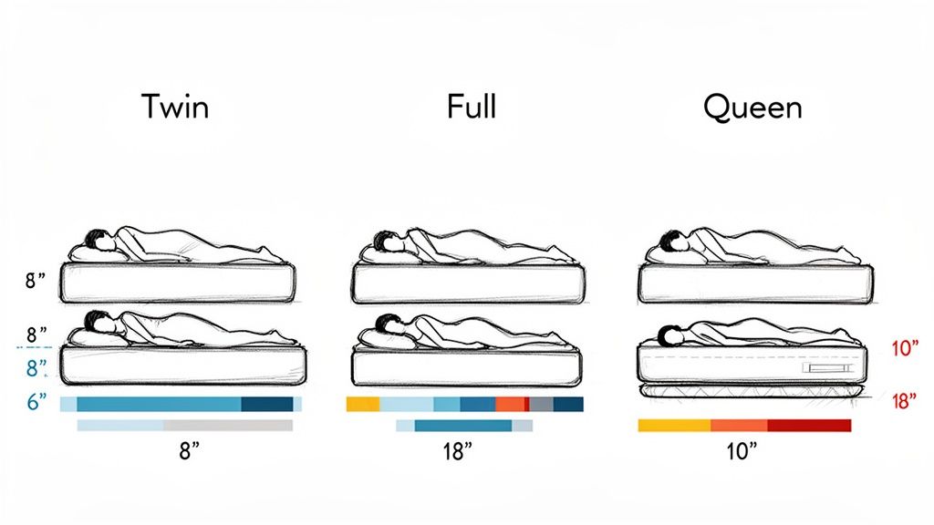 Illustration comparing Twin, Full, and Queen mattress sizes with sleeping figures and comfort indicators.