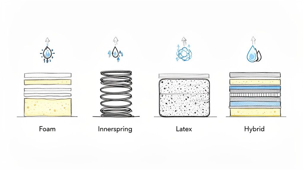 Diagram illustrating cross-sections of foam, innerspring, latex, and hybrid mattress types with airflow icons.