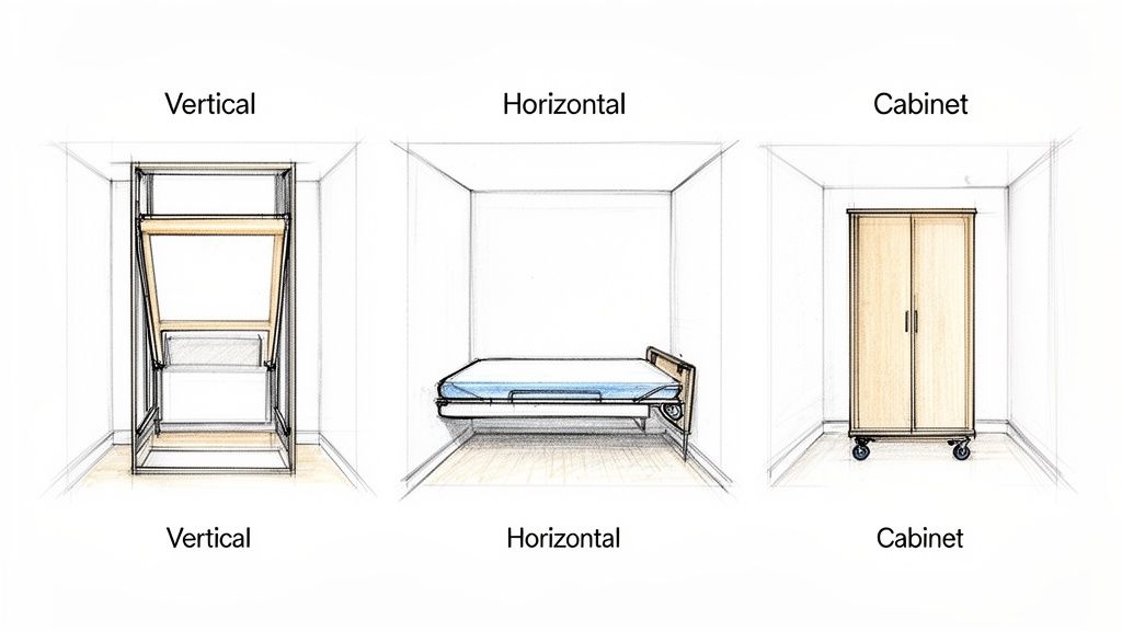 Three sketches illustrate different Murphy bed configurations: vertical fold-up, horizontal sleeping position, and mobile cabinet design.