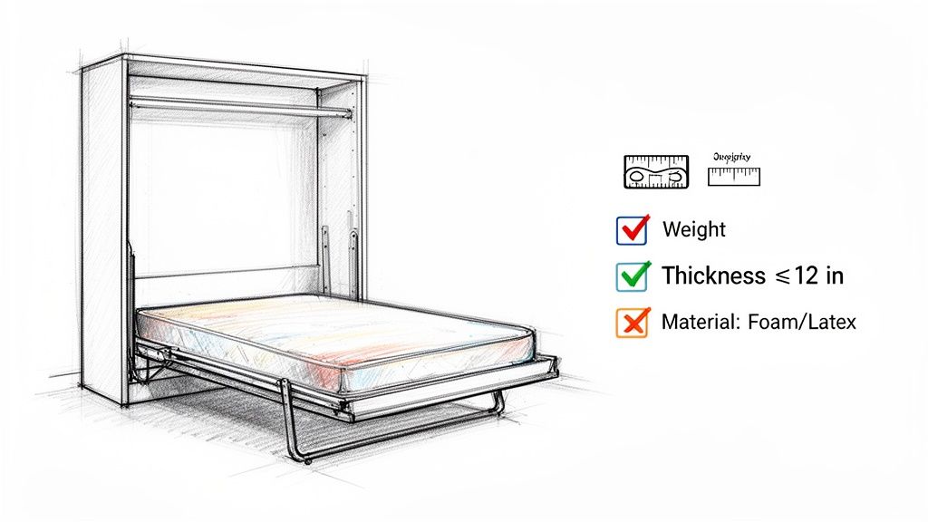 A detailed sketch of a Murphy bed in its open position, revealing mattress requirements checklist.
