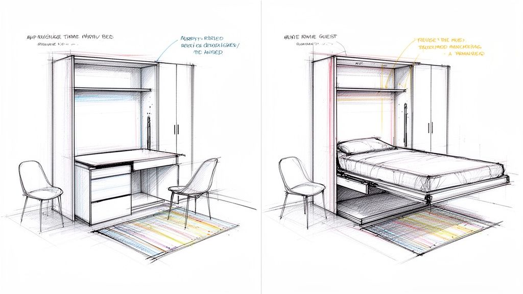 Architectural sketches showing a transforming wall unit: a desk and shelves converting into a murphy bed.