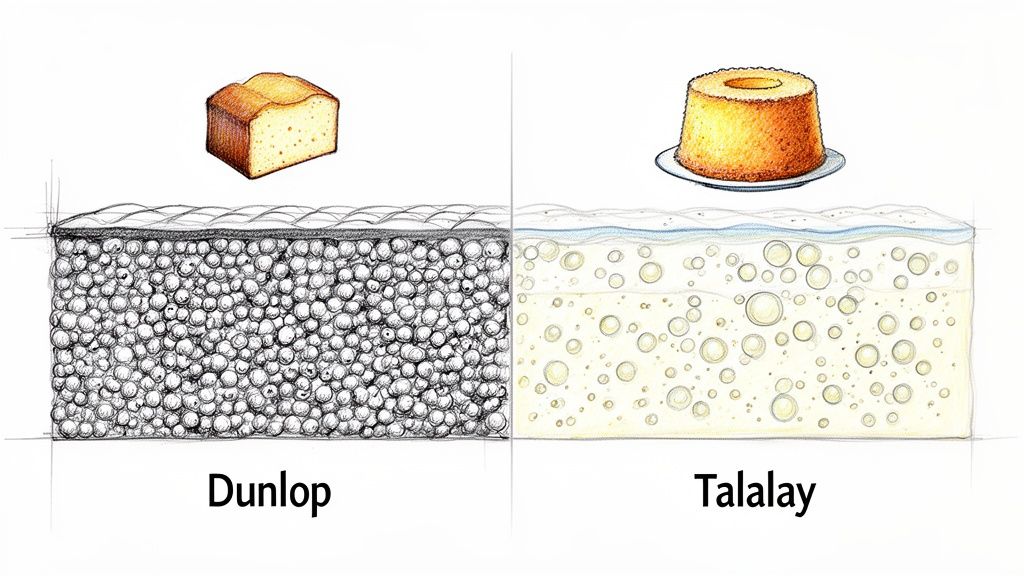 Illustration comparing Dunlop latex with dense, irregular cells (like pound cake) and Talalay latex with uniform, open cells (like angel food cake).
